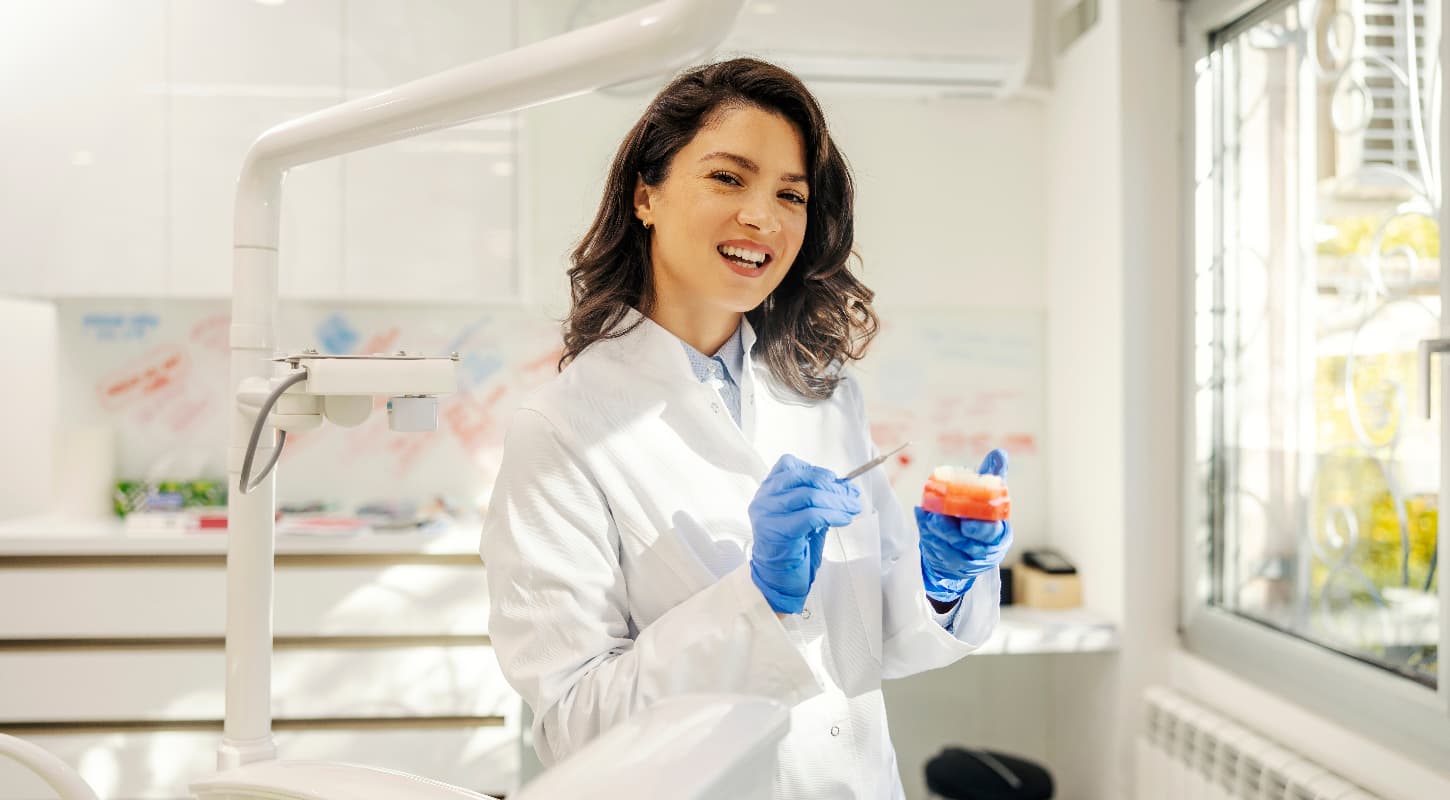 dentist holding model teeth